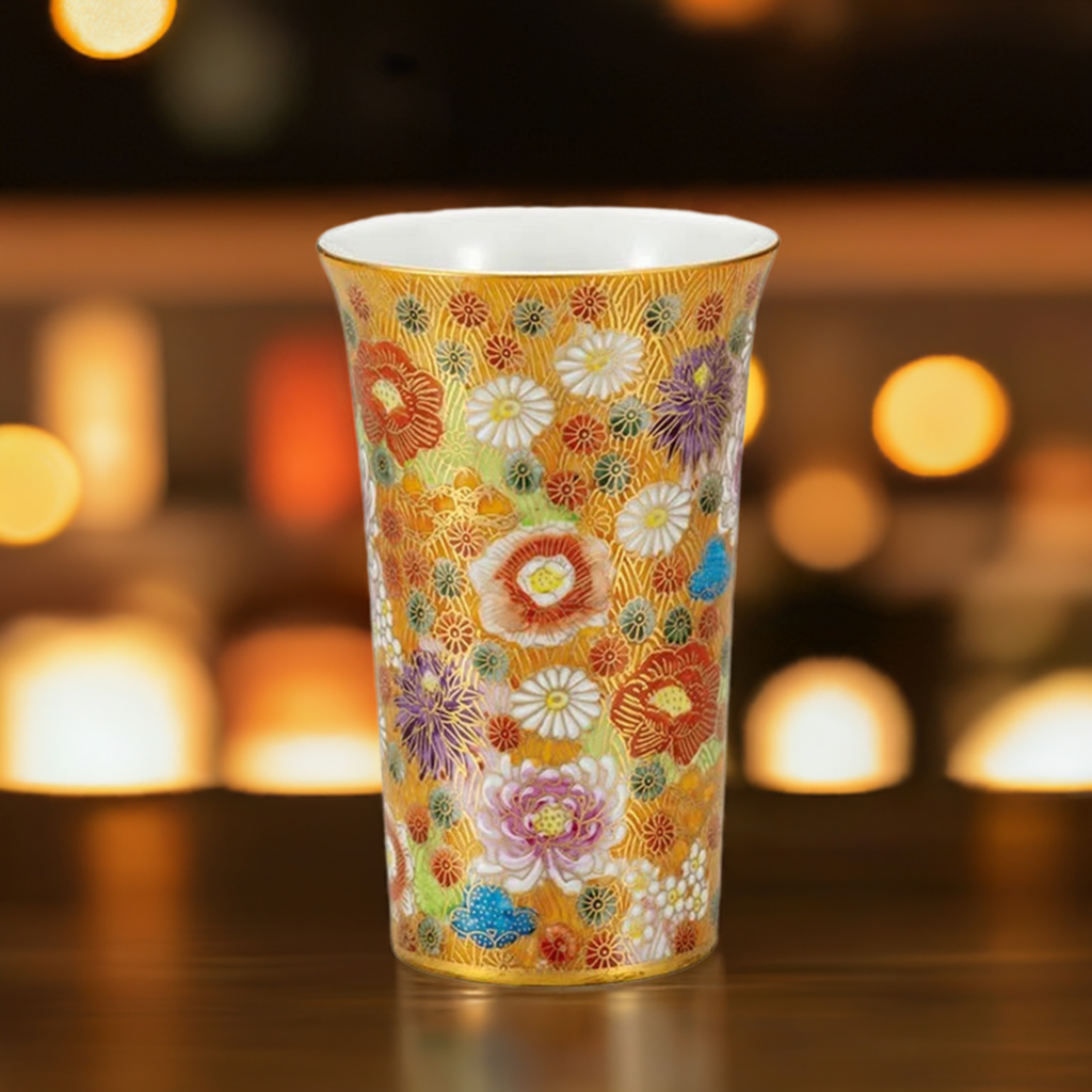 KUTANI PORCELAIN BEER CUP - HANAZUME DESIGN, TRADITIONAL JAPANESE ART