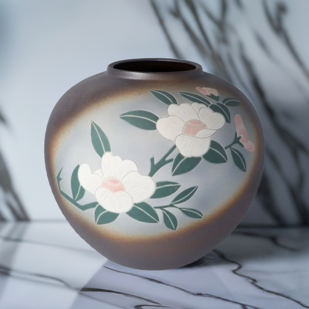KUTANI WARE FLOWER VASE - CAMELLIA DESIGN, JAPANESE CERAMIC VASE