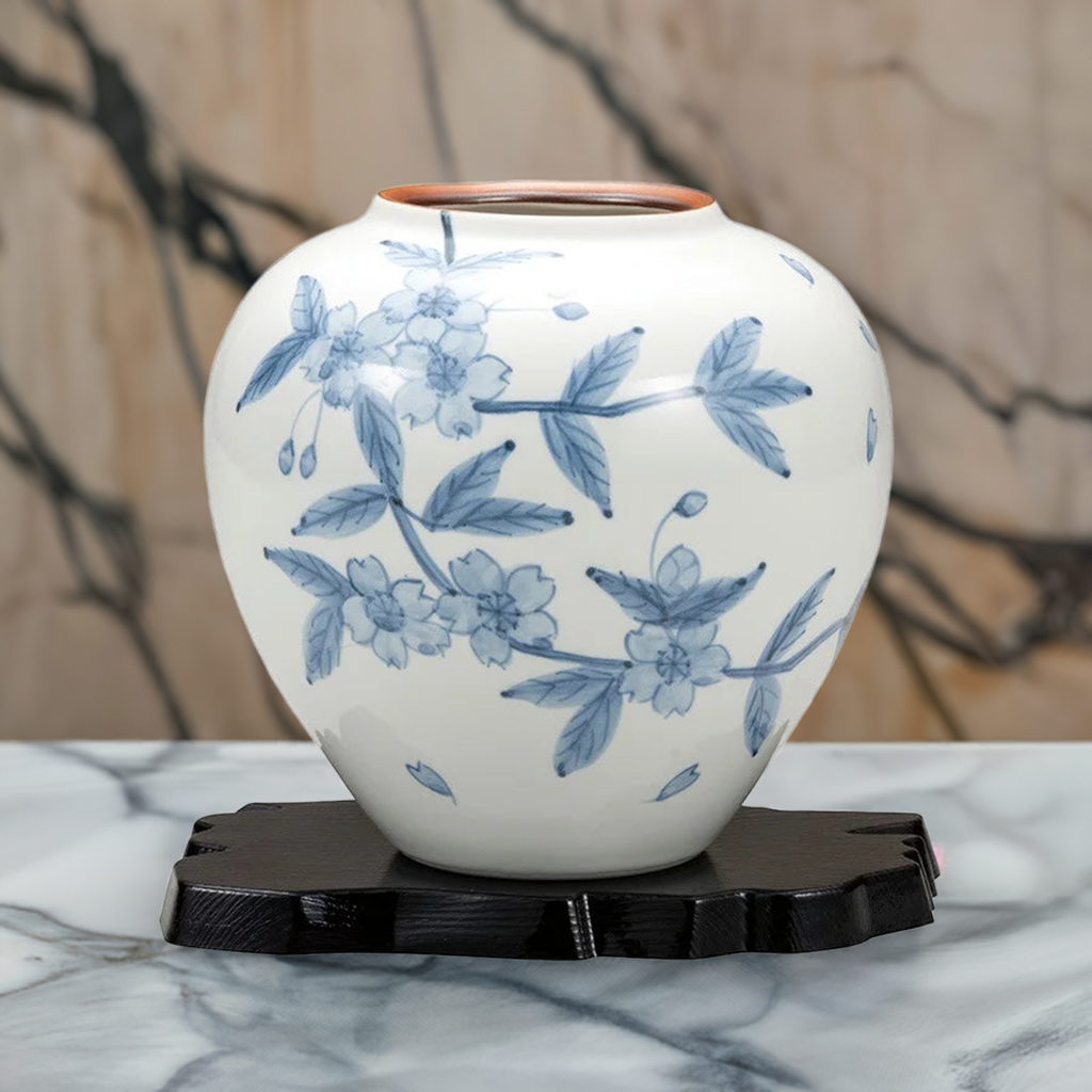 JAPANESE FLOWER VASE KUTANI SAKURA CHIRASHI WITH STAND