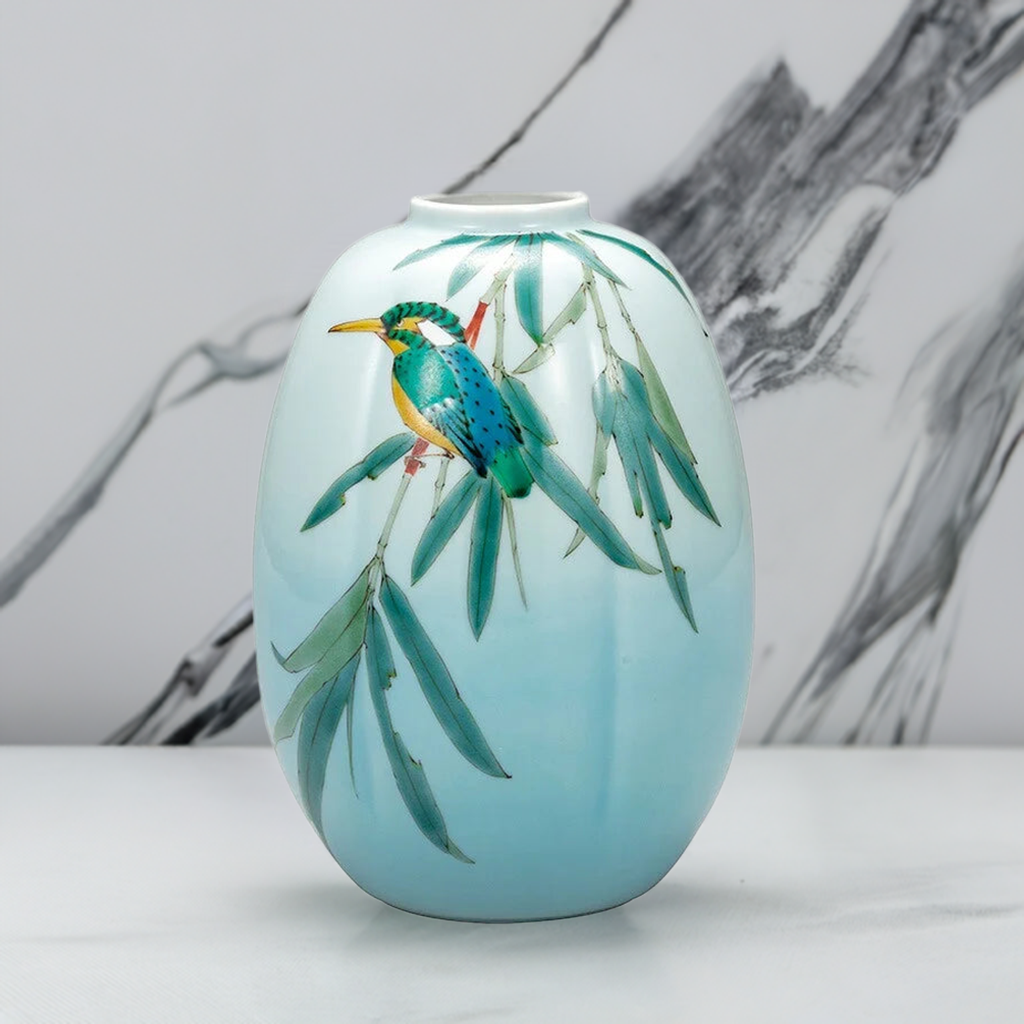 KUTANI WARE FLOWER VASE KINGFISHER ON BAMBOO/ RYUZAN YAMADA