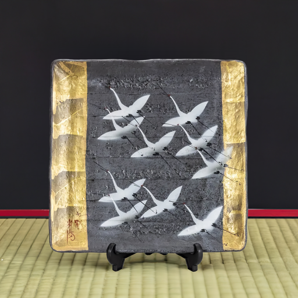 KUTANI JAPANESE DECORATIVE PLATE GOLD LEAF FLOCK OF CRANES (WITH PLATE STAND)/TOYASHI YAMADA