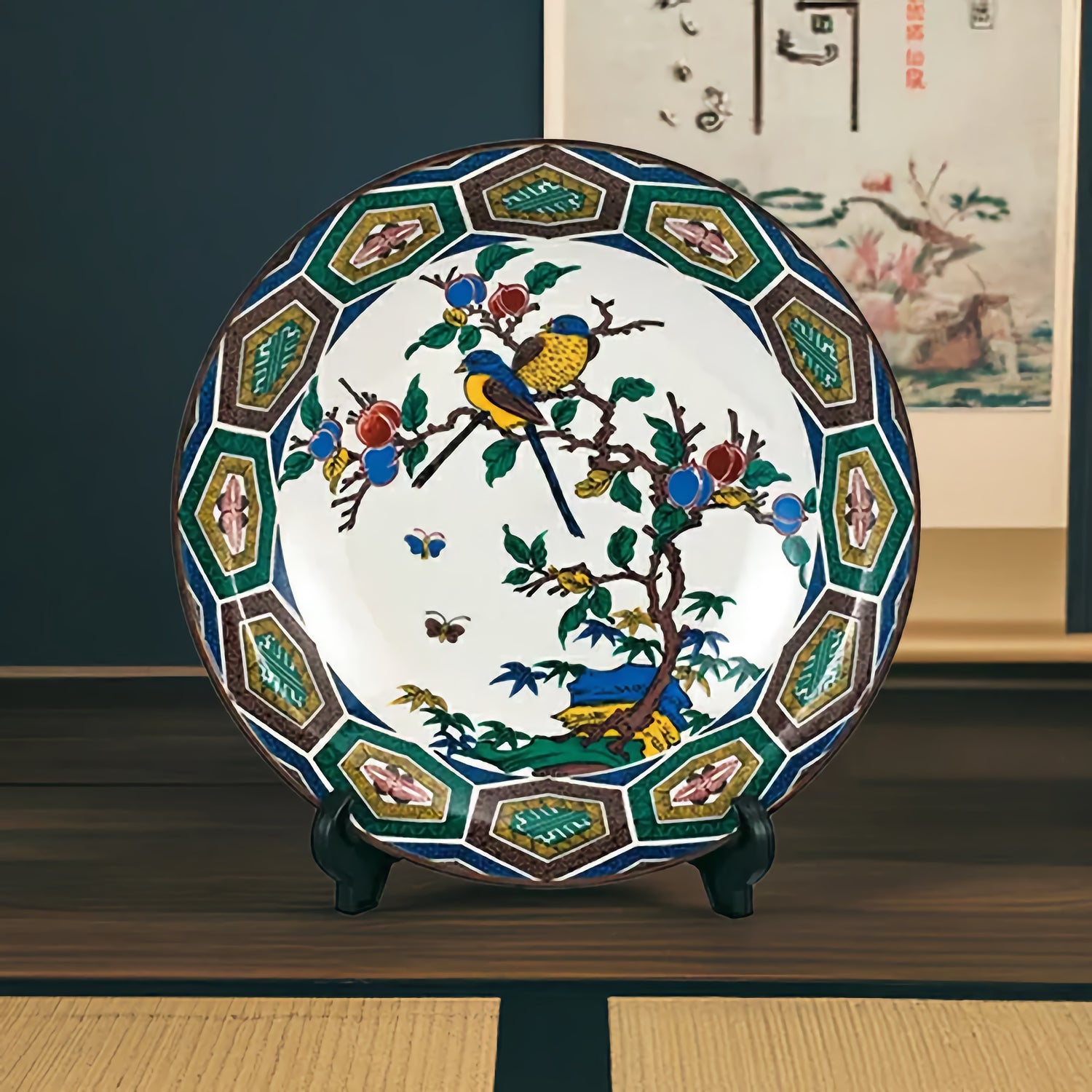 KUTANI WARE DECORATIVE PLATE - KO-KUTANI STYLE, JAPANESE TRADITIONAL CERAMIC ART