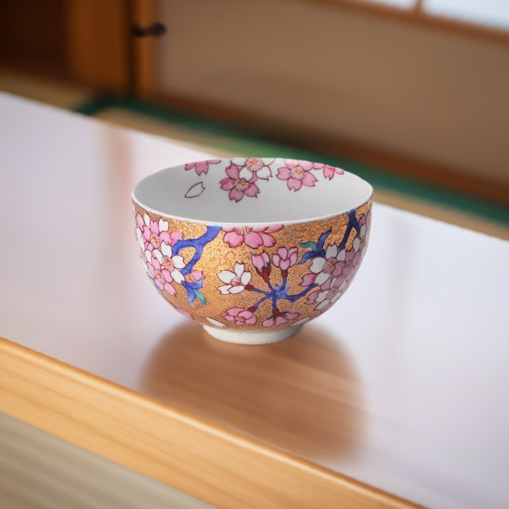 JAPANESE MATCHA BOWL (GOLD SAKURA DESIGN) / KINRYU KILN - ARITA WARE