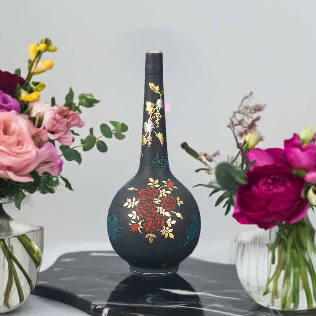 JAPANESE KUTANI WARE FLOWER VASE – PLATINUM ROSE & GRAPE DESIGN WITH AOTIBU BLUE DOTS BY KINGYOKU NAKATA