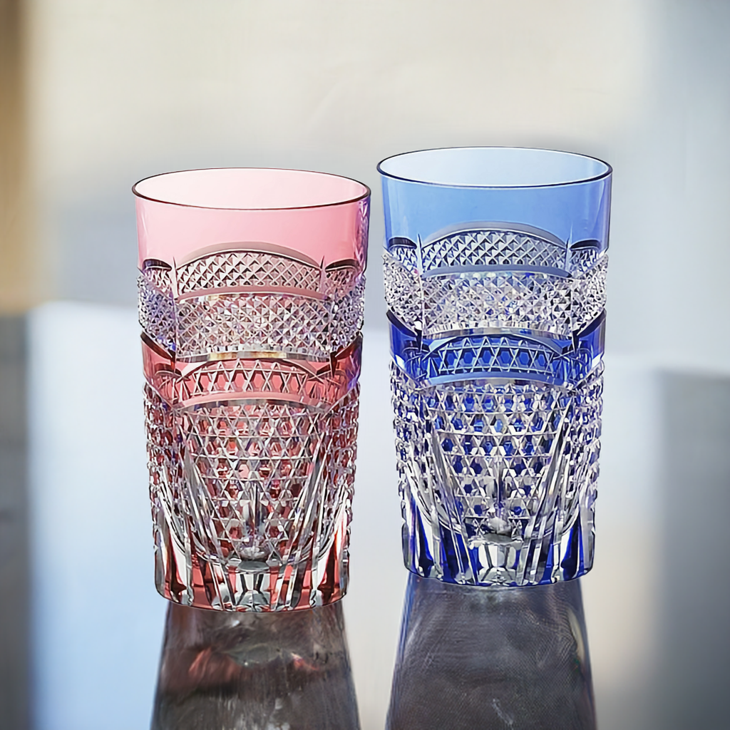 A Pair of Tumblers, Edo Kiriko “Fish scales & Hexagonal Basket Weave”