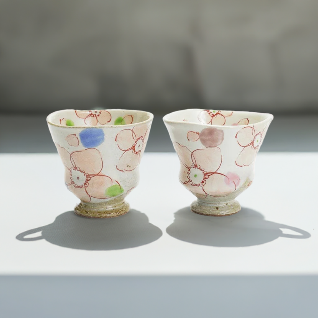 KUTANI WARE YUNOMI SET TEACUP FLOWER LAUGH/ KOKUZOU KILN