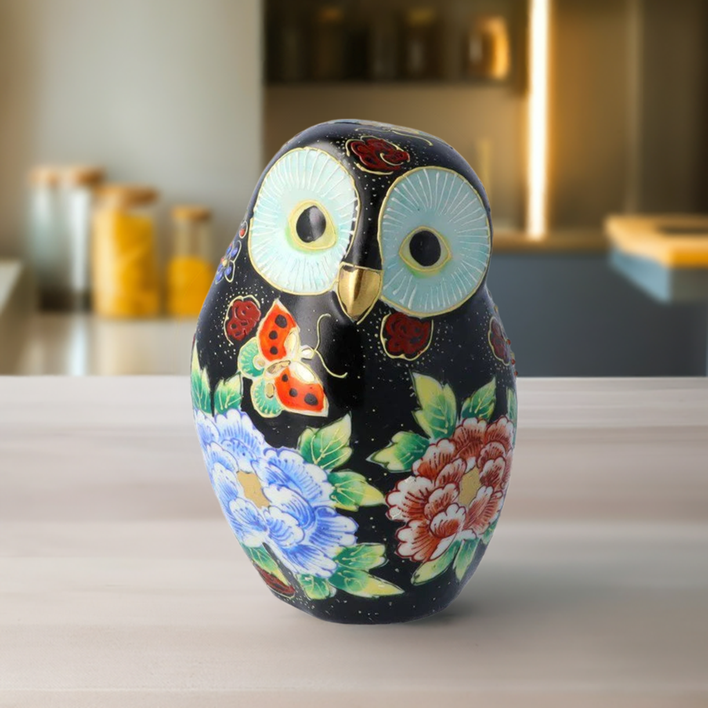KUTANI WARE OWL FIGURINE PEONY