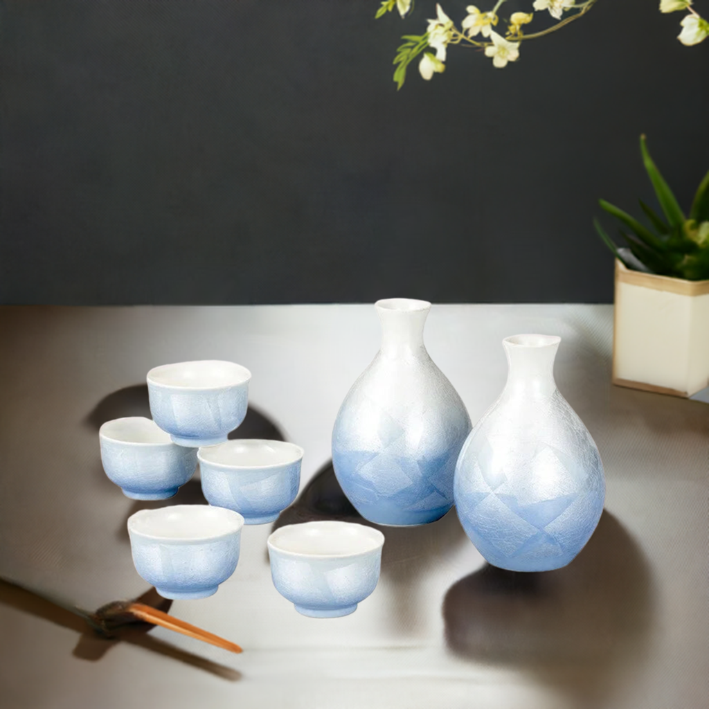 KUTANI WARE SAKE VESSELS SET SILVER COLOR