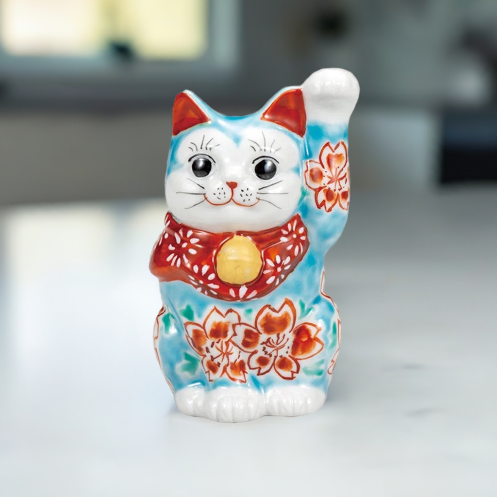 KUTANI WARE LUCKY CAT (MANEKI NEKO) TURKISH BLUE GLAZED CHERRY BLOSSOM