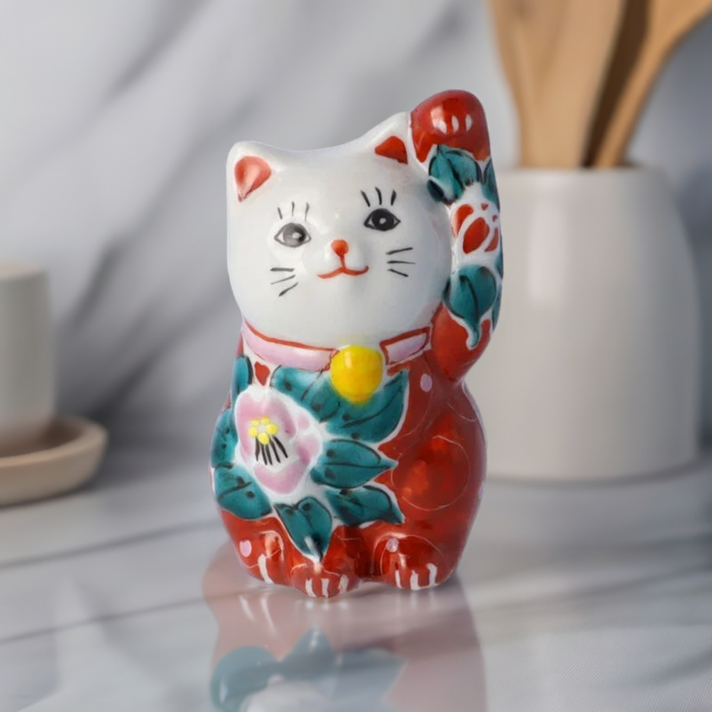KUTANI WARE LUCKY CAT (MANEKI NEKO) - IROE MUSOU TSUBAKI DESIGN, RED, KOKUZOU KILN