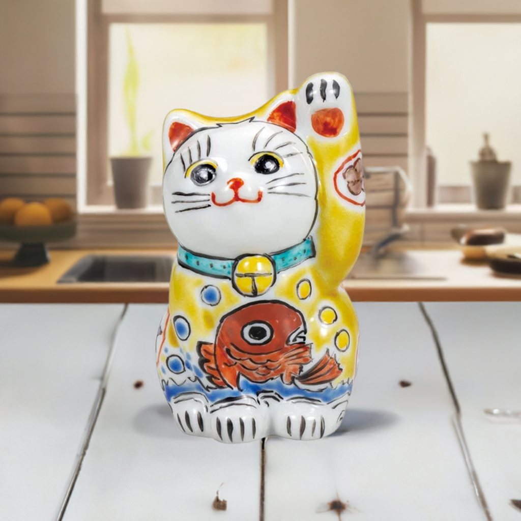 KUTANI WARE LUCKY CAT(MANEKI NEKO) YELLOW GLAZED SEA BREAM