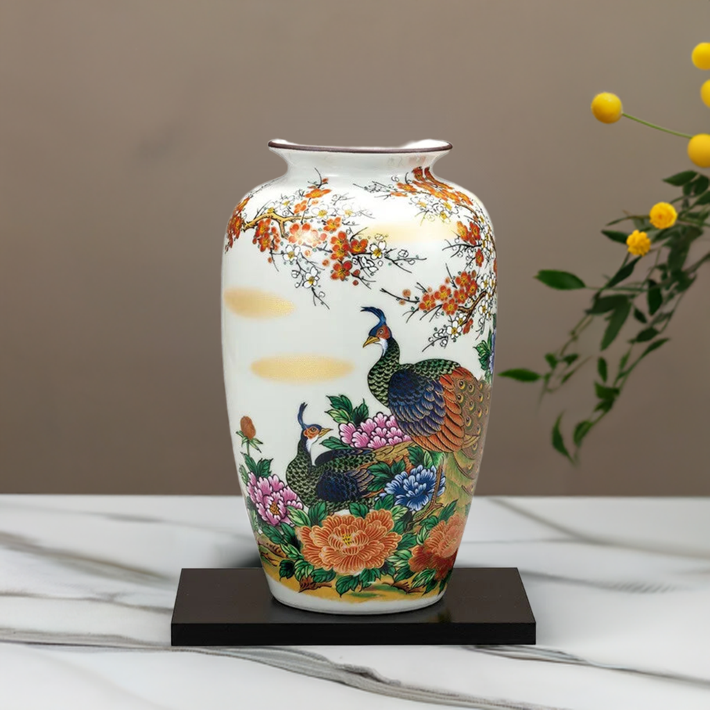 PEONY AND PEACOCK KUTANI JAPANESE FLOWER VASE
