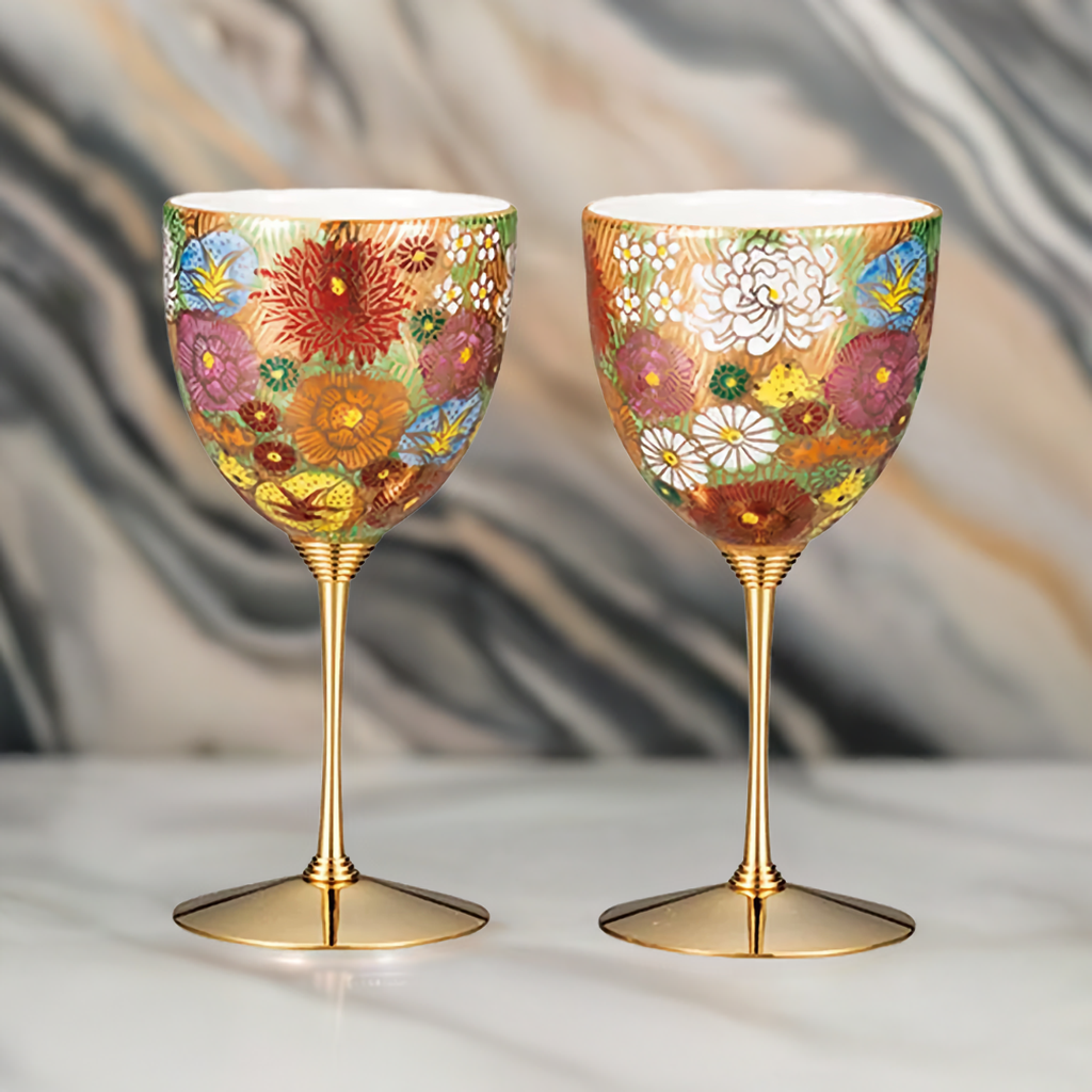 JAPANESE WINE GLASS KUTANI PAIR OF WINE CUPS KIN-HANAZUME/KOUYO KLIN