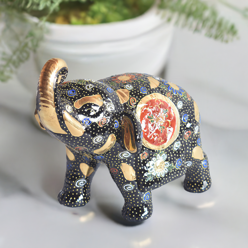 JAPANESE KUTANI WARE ELEPHANT KUROMORI|TRADITIONAL JAPANESE CRAFT FIGURINE