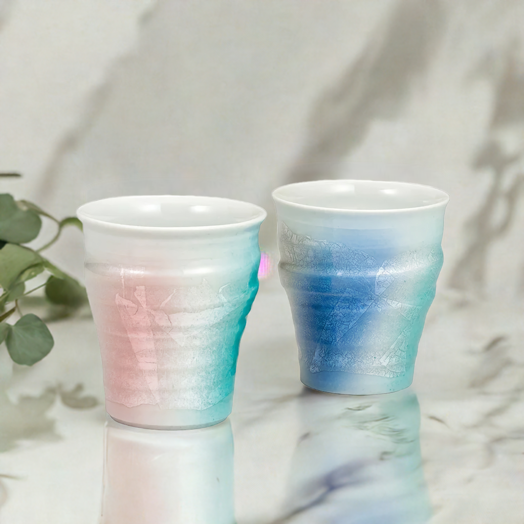 JAPANESE KUTANI PAIR OF FREE CUPS BICOLOR SILVER GLAZE