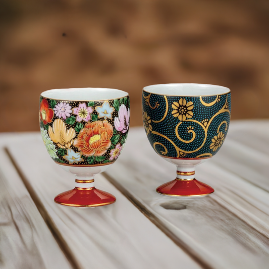 KUTANI WARE PAIR OF CUPS HONKIN HANAZUME /AOCHIBU/RYUZAN