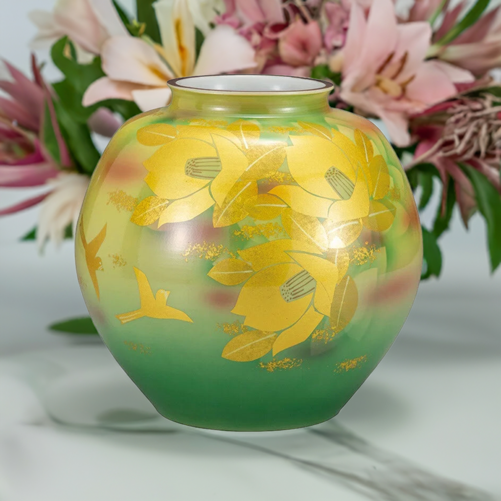 KUTANI WARE FLOWER VASE GOLD LEAF CAMELLIA AND BIRD/ KOYO