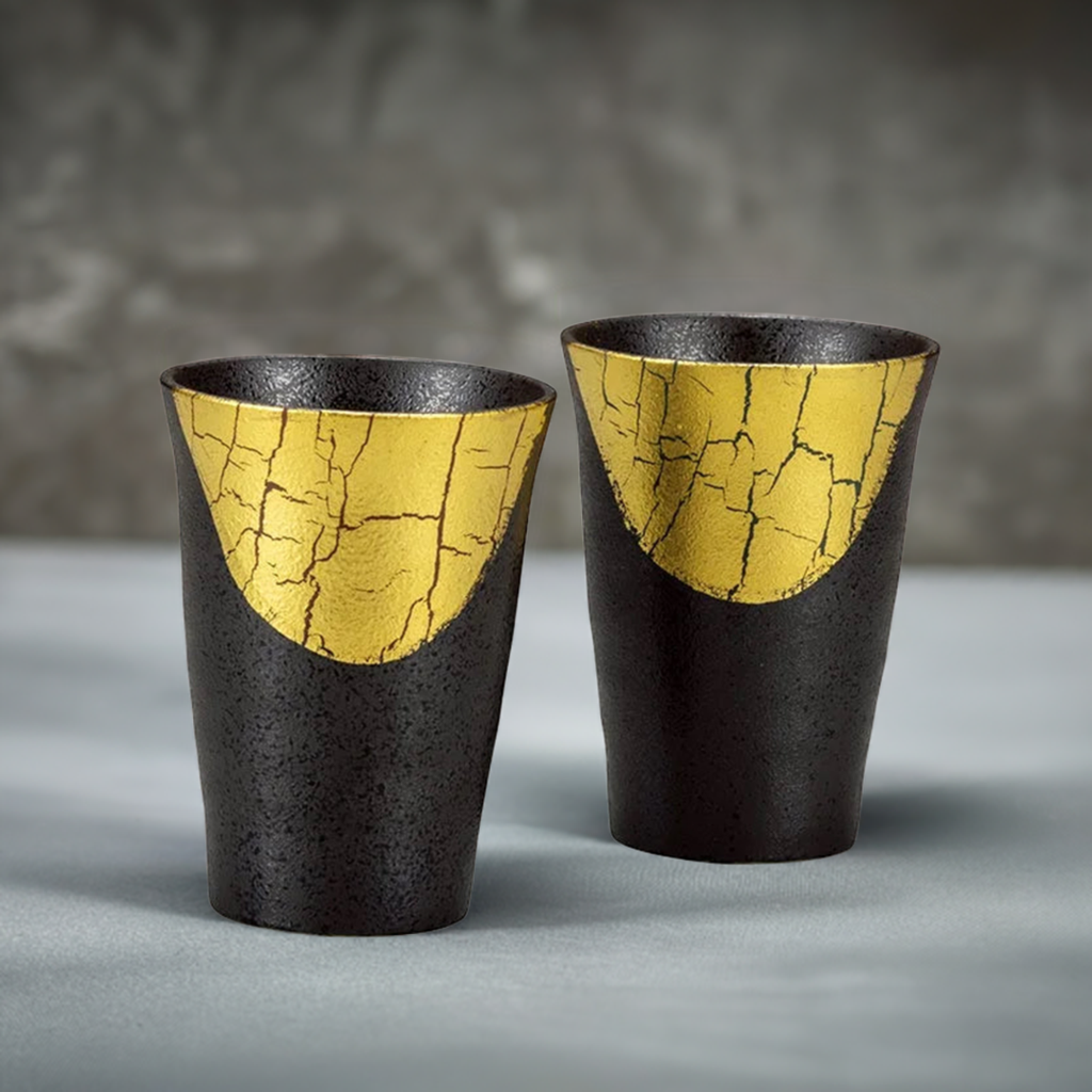 KUTANI WARE GOLD LEAF JAPANESE FREE CUP PAIR