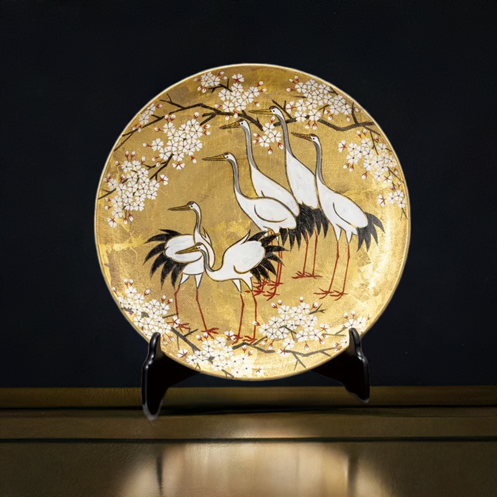 KUTANI DECORATIVE PLATE – KINPAKU GOLD-LEAF CRANES WITH STAND BY TAKASHI KITAMURA
