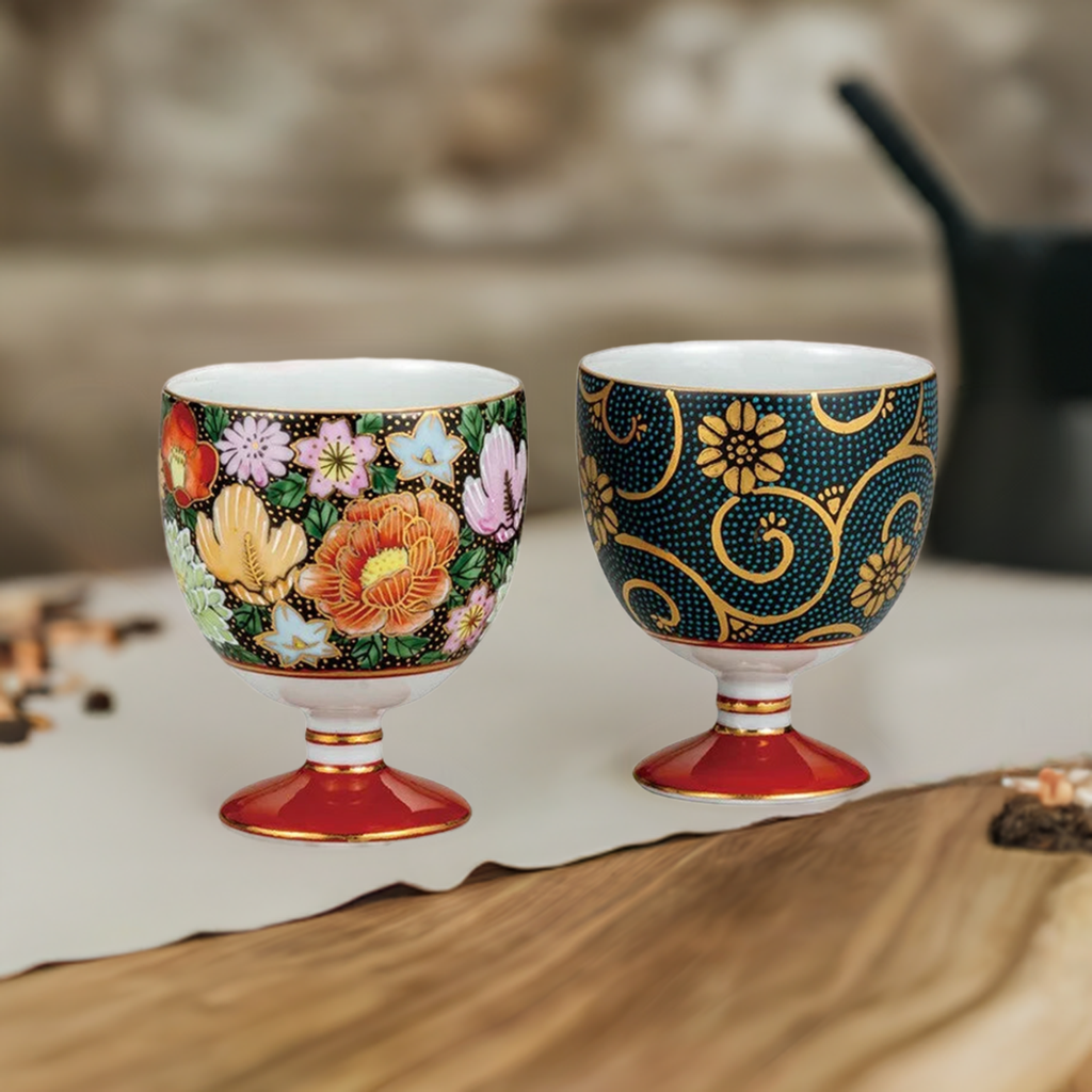 KUTANI WARE PAIR OF CUPS HONKIN HANAZUME /AOCHIBU/RYUZAN