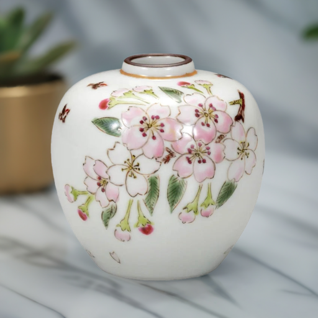KUTANI JAPANESE SINGLE FLOWER VASE CHERRY BLOSSOMS /MINORU KAWATA