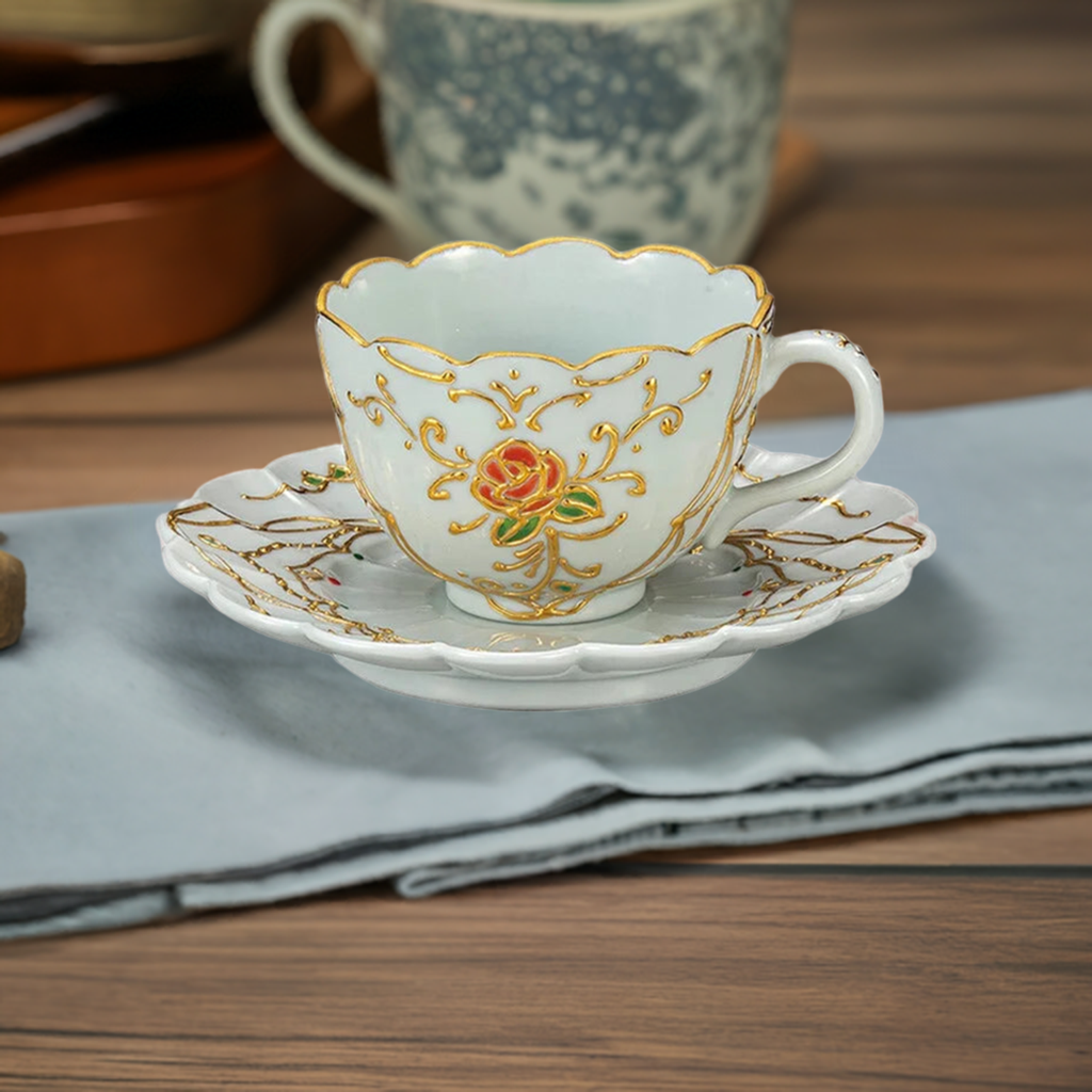 JAPANESE KUTANI WARE CUP & SAUCER – “HANAMUSUBI” FLORAL DESIGN BY SHIHO AIKAWA