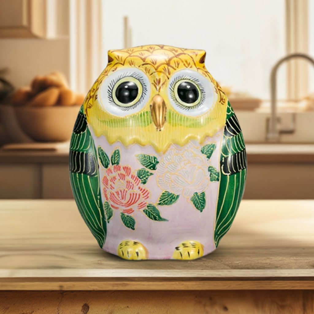 KUTANI WARE OWL FIGURINE RAISED YELLOW PEONY DECORATION