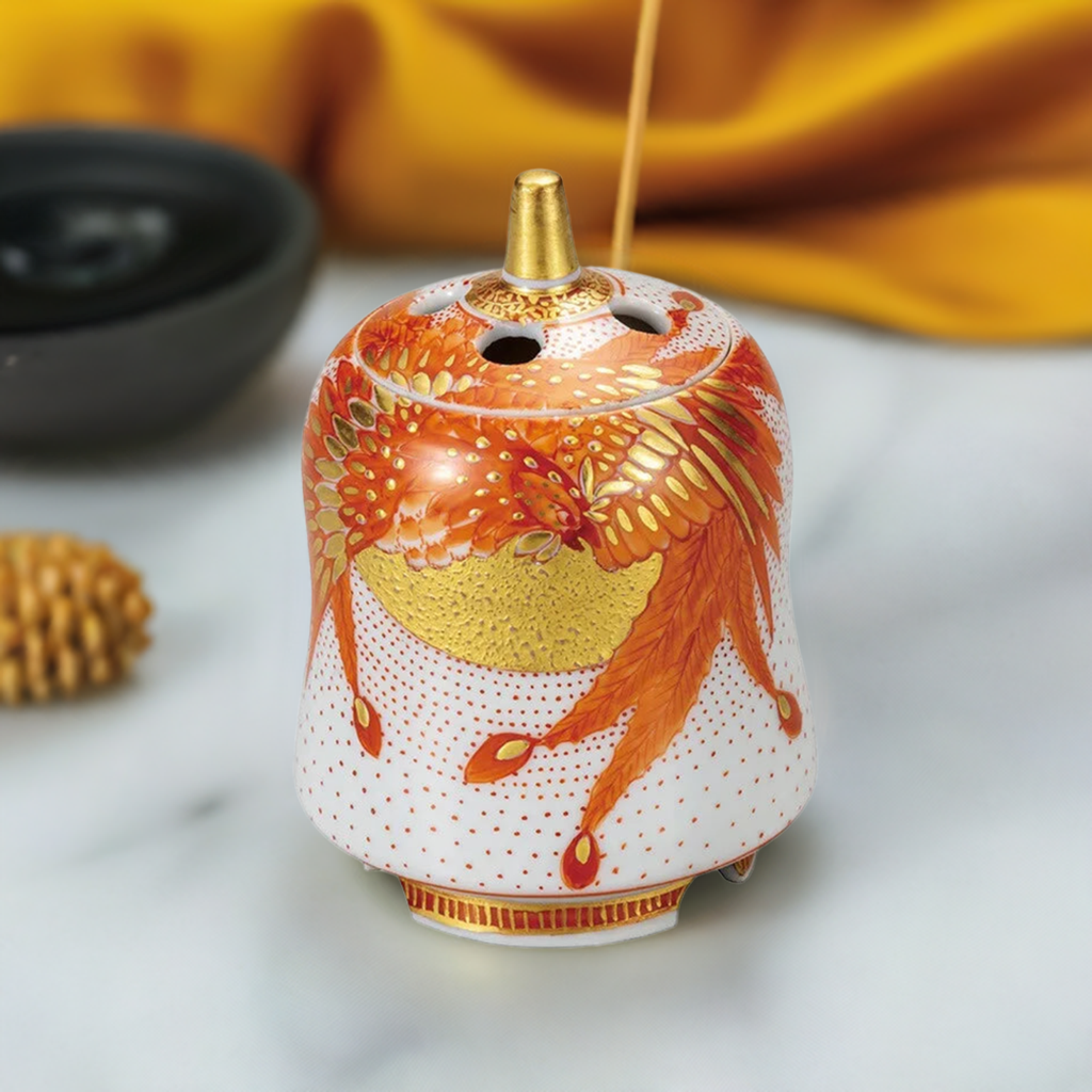 KUTANI WARE INCENSE BURNER - AKAE PHOENIX DESIGN, YOSHINORI FUKUDA, JAPANESE CERAMIC ART
