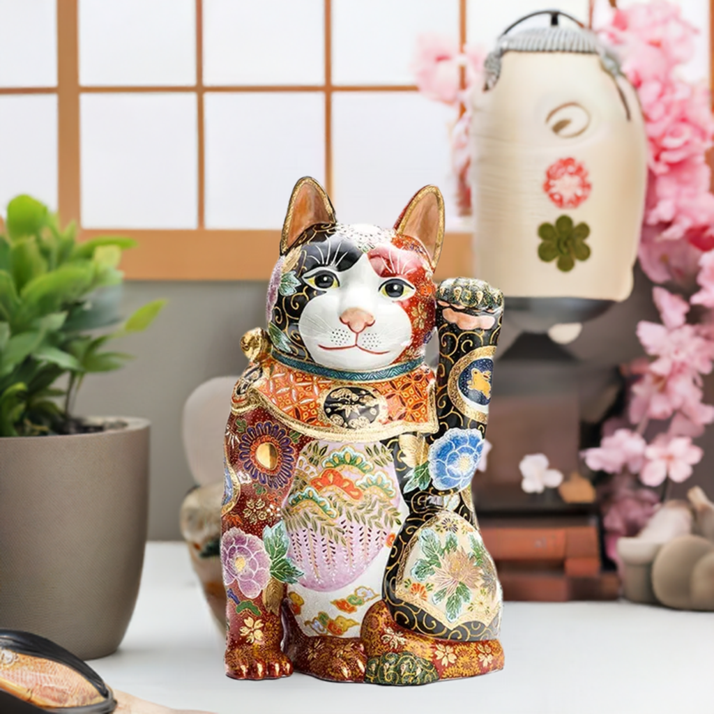 JAPANESE KUTANI PORCELAIN MANEKI NEKO – SHOCHIKUBAI (PINE, BAMBOO & PLUM) KOMON PATTERN