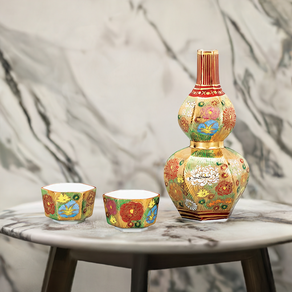 KUTANI JAPANESE SAKE SET GOLD HANAZUME /KOYO KLIN