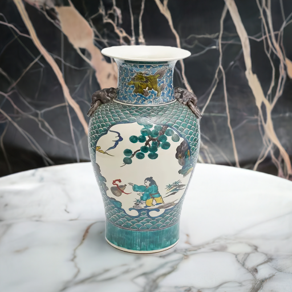 JAPANESE FLOWER VASE KUTANI FIVE-COLOR HANDLED VASE