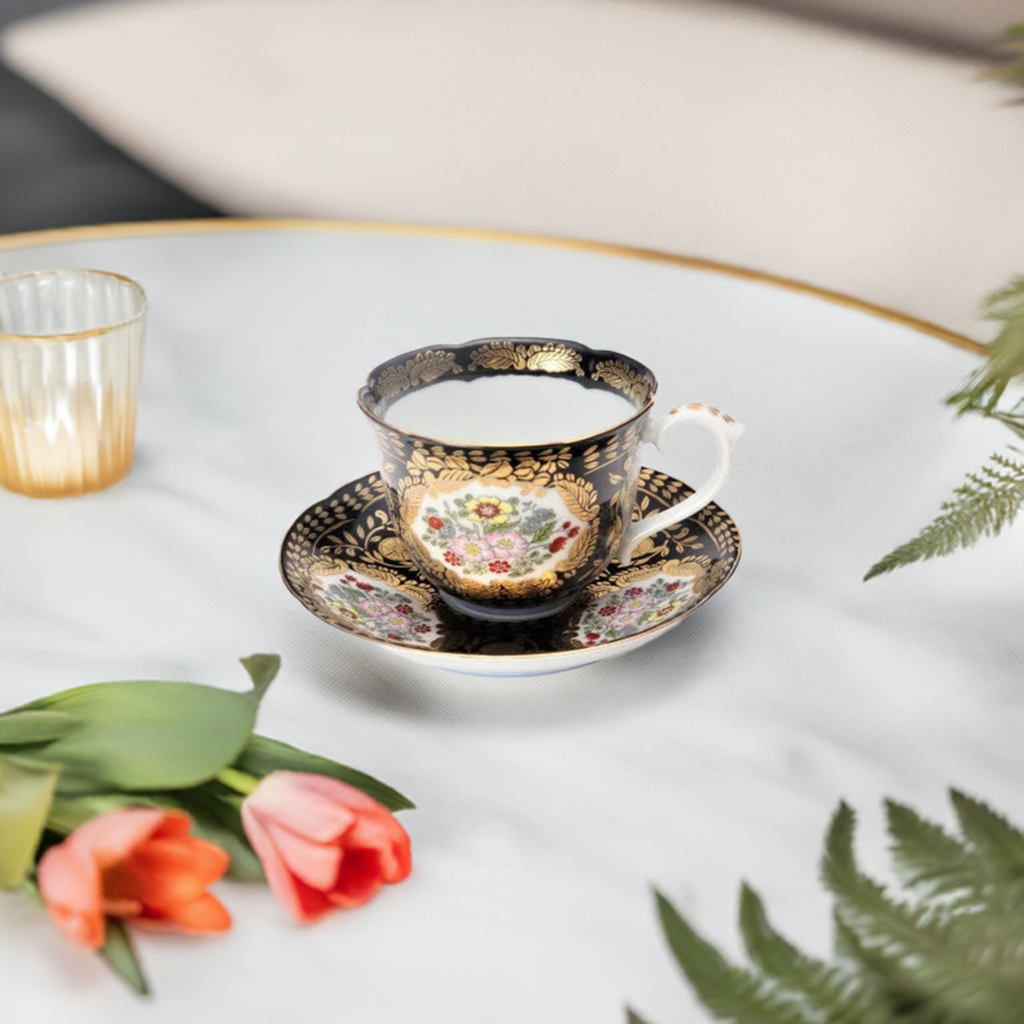ARITA PORCELAIN VERSAILLES DEMITASSE - NISHIKI GLOSSY BLACK, TRADITIONAL JAPANESE CERAMIC BY KOURAKU KILN