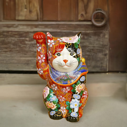 KUTANI WARE LUCKY CAT (MANEKI NEKO) RED AND BLACK FLORAL RAISED DECORATION (RIGHT)