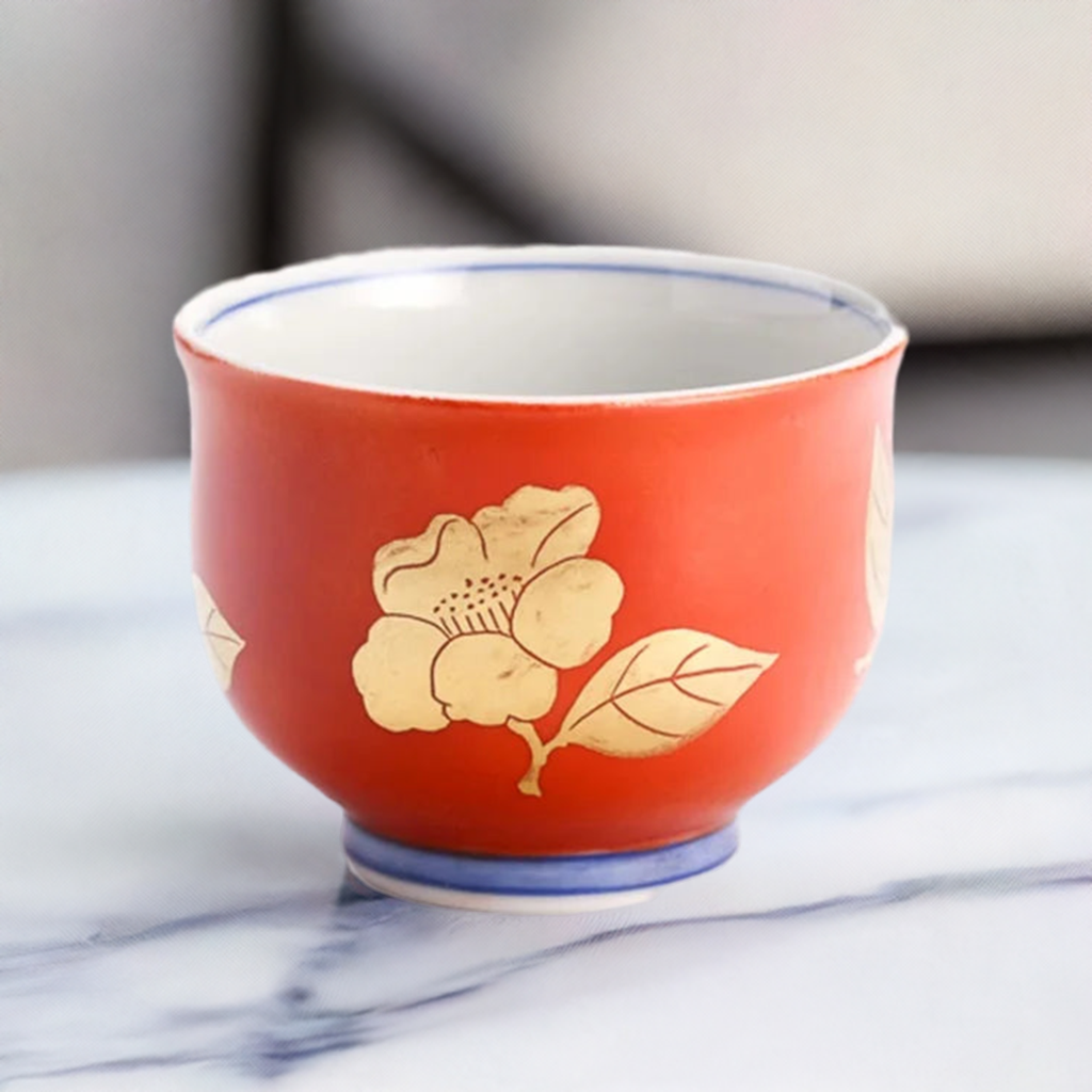 KUTANI WARE COLORED GOLD COLOR SAKE CUP CAMELLIA PATTERN ORANGE / KINZAN KLIN