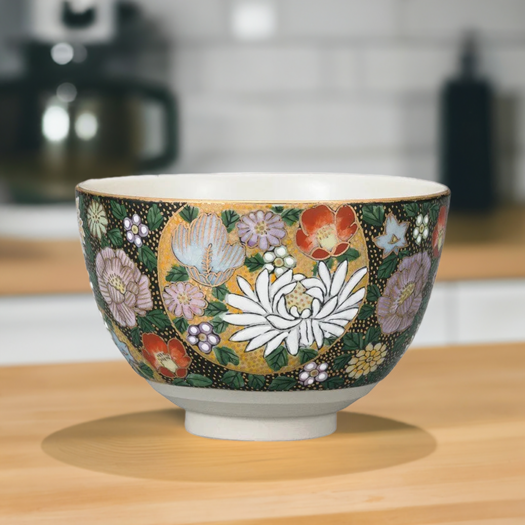 KUTANI WARE MATCHA BOWL CHAWAN KIN HANAZUME