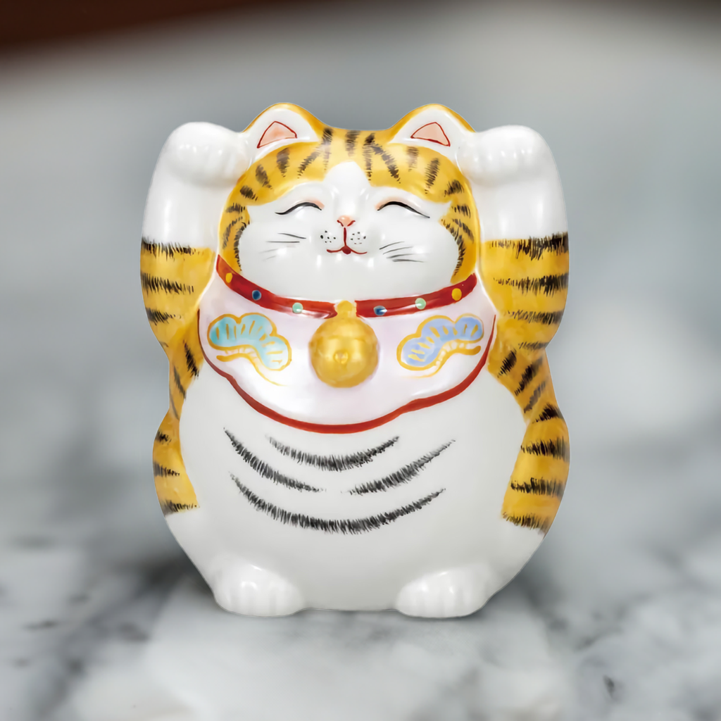 KUTANI JAPANESE LUCKY CATBOTH-PAWS BECKONING CAT WITH GOLD ACCENTS