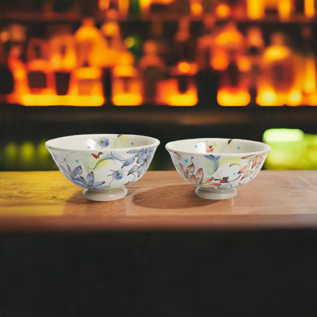 KUTANI WARE SET OF RICE BOWLS - SAIKA (COLORFUL FLORAL DESIGN), KOKUZOU KILN, JAPANESE CERAMIC BOWLS