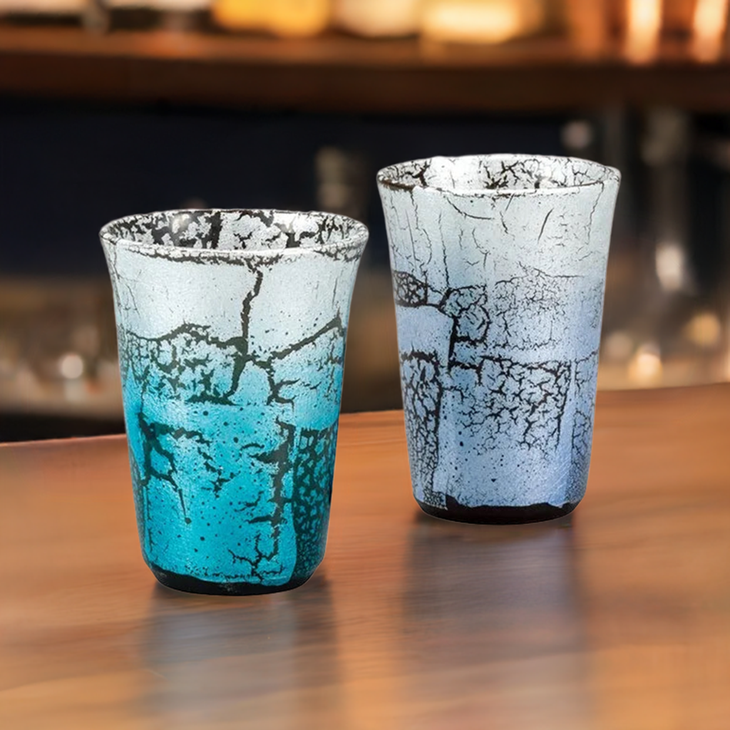 KUTANI WARE PAIR OF TALL FREE CUPS GINSAI