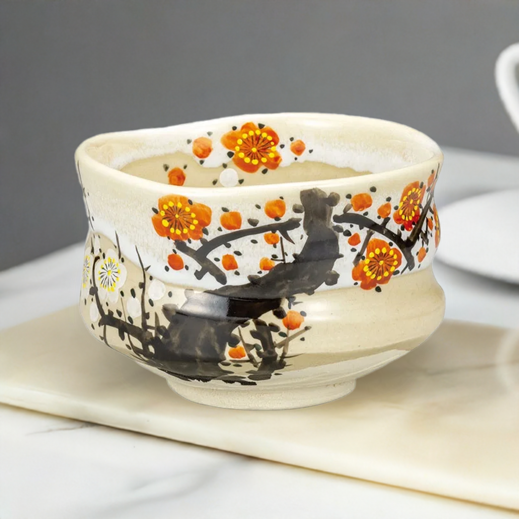 KUTANI WARE MATCHA BOWL CHAWAN RED AND WHITE PLUM BLOSSOMS