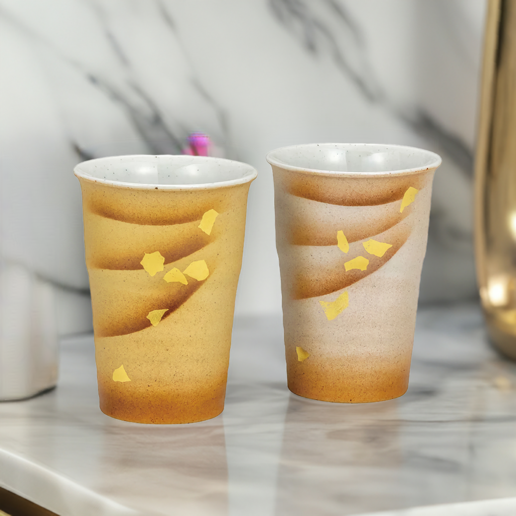 JAPANESE KUTANI PAIR OF FREE CUPS GOLD, SILVER, AND MULTICOLOR GOLD LEAF
