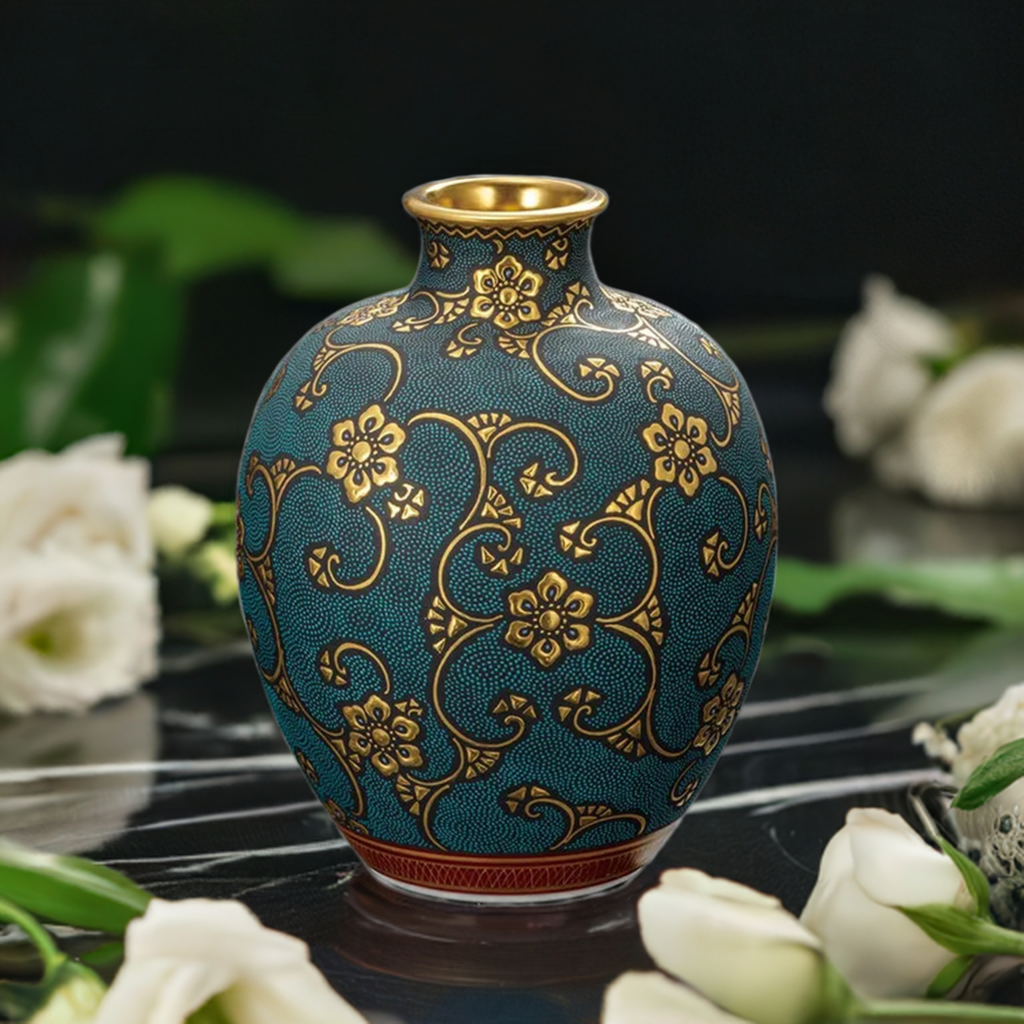 KUTANI WARE FLOWER VESSEL - MORIKIN HOSO FLORAL PATTERN, AOCHIBU DESIGN BY KINGYOKU NAKADA