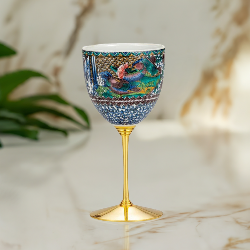 JAPANESE KUTANI WINE CUP - KO-KUTANI BIRD AND FLOWER DESIGN