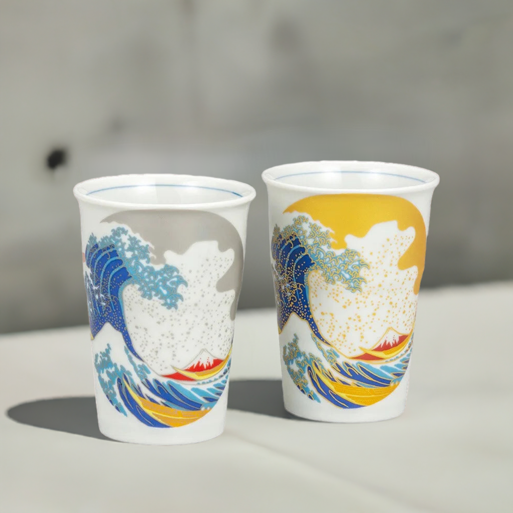 KUTANI WARE PAIR OF FREE CUPS HOKUSAIHA