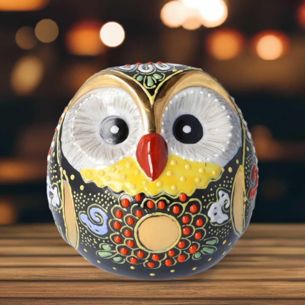 KUTANI WARE ROUND OWL FIGURINE BLACK MORI