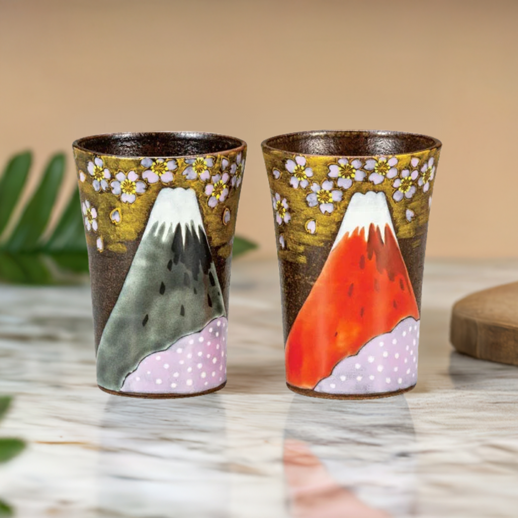 KUTANI WARE PAIR OF FREE CUPS GOLDEN CLOUD AND SAKURA FUJI/YOSHINORI FUKUDA