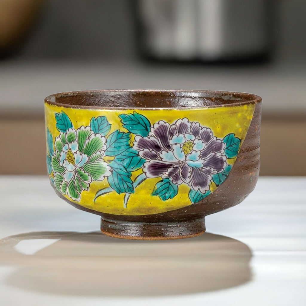 KUTANI WARE MATCHA BOWL - YOSHIDAYA STYLE BOTAN PEONY DESIGN, JAPANESE TEA CEREMONY CHAWAN