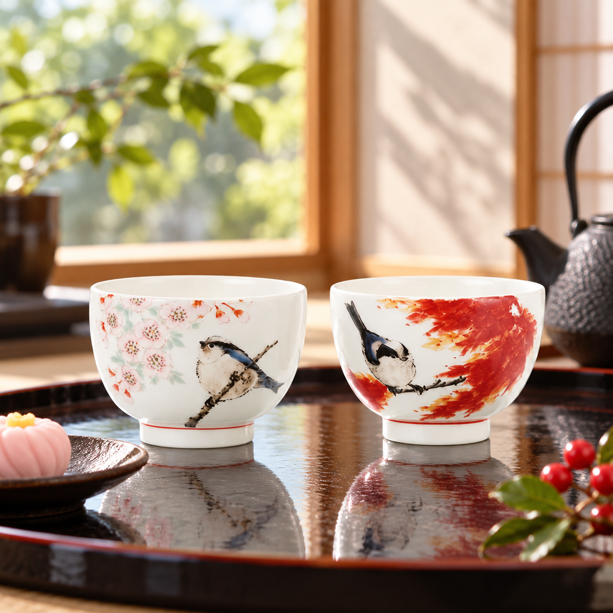 KUTANI WARE PAIR GUINOMI (SAKE CUPS) “SPRING & AUTUMN” / TOSHITO NAKAMURA