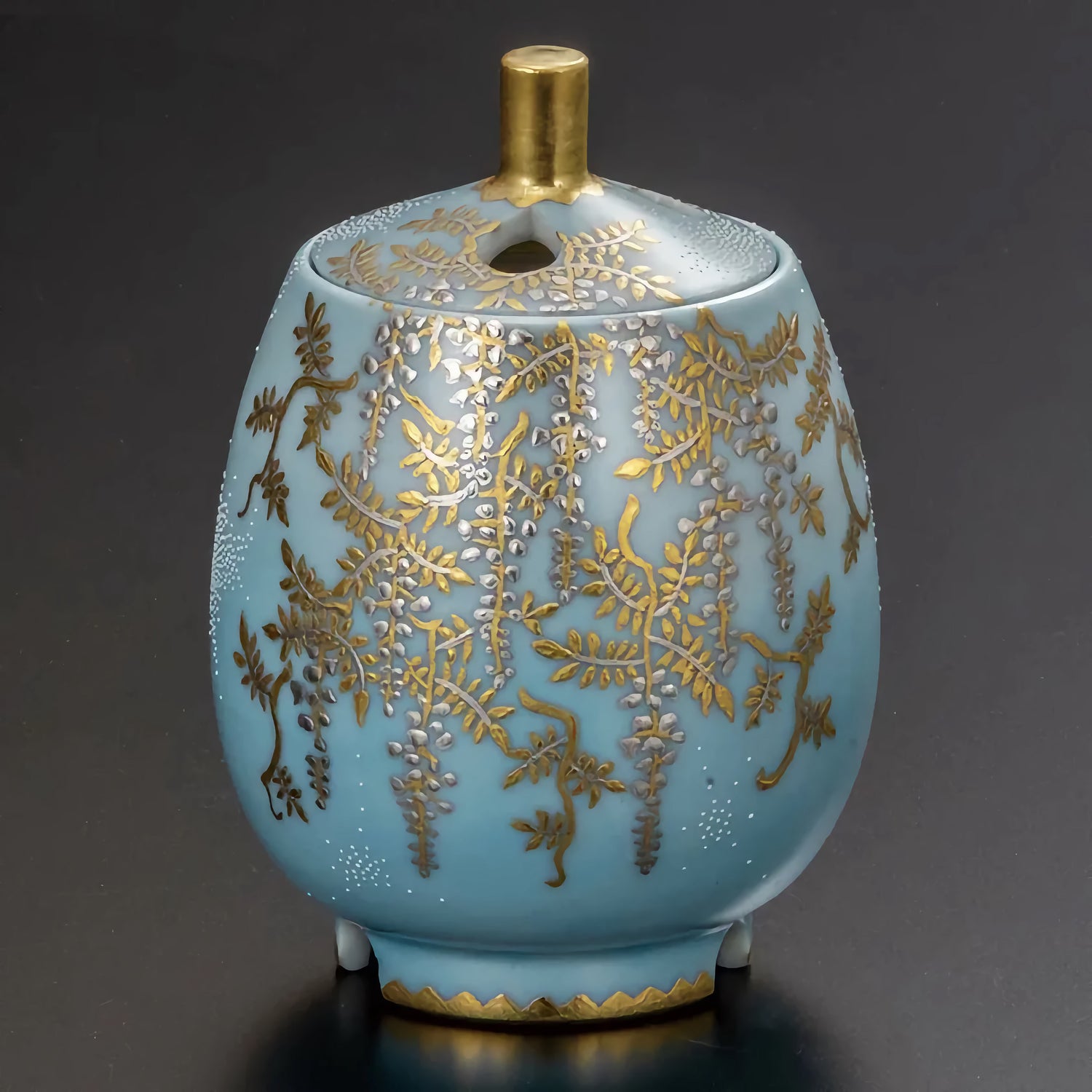 KUTANI WARE INCENSE BURNER - SHIROKANEMORI SHIRAFUJI ZU SHIROTSUBU DESIGN BY KINGYOKU NAKADA