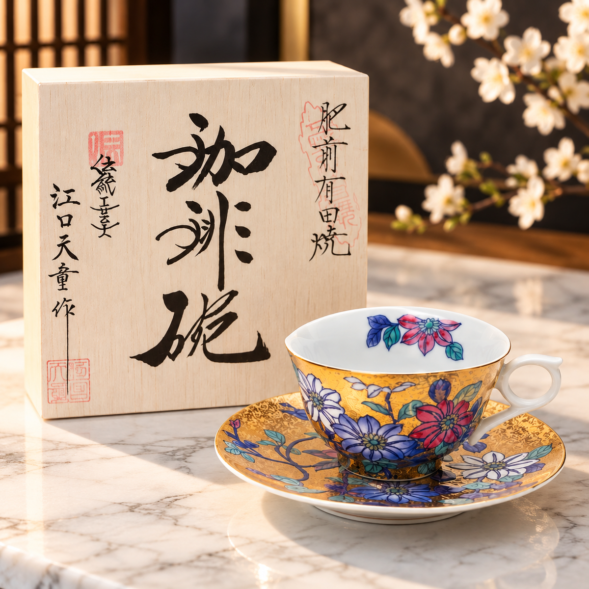 ARITA WARE GOLD DECORATION TETSUSEN FLOWER COFFEE CUP / KINRYU KILN