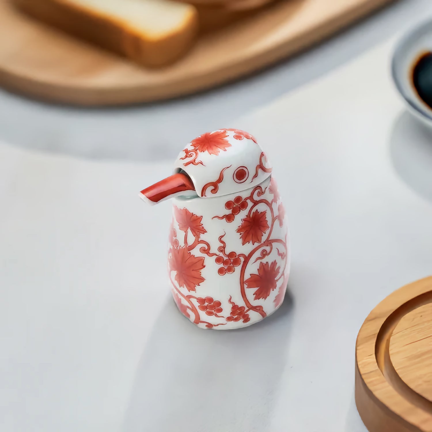 JAPANESE ARITA WARE NISHIKI PURPLE ARABESQUE KINGFISHER-SHAPED SOY SAUCE DISPENSER / KOURAKU KILN